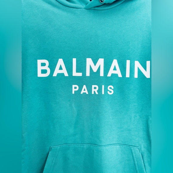 Balmain Unisex logo-print hoodie with kangaroo pocket see green white large - Picture 11 of 16